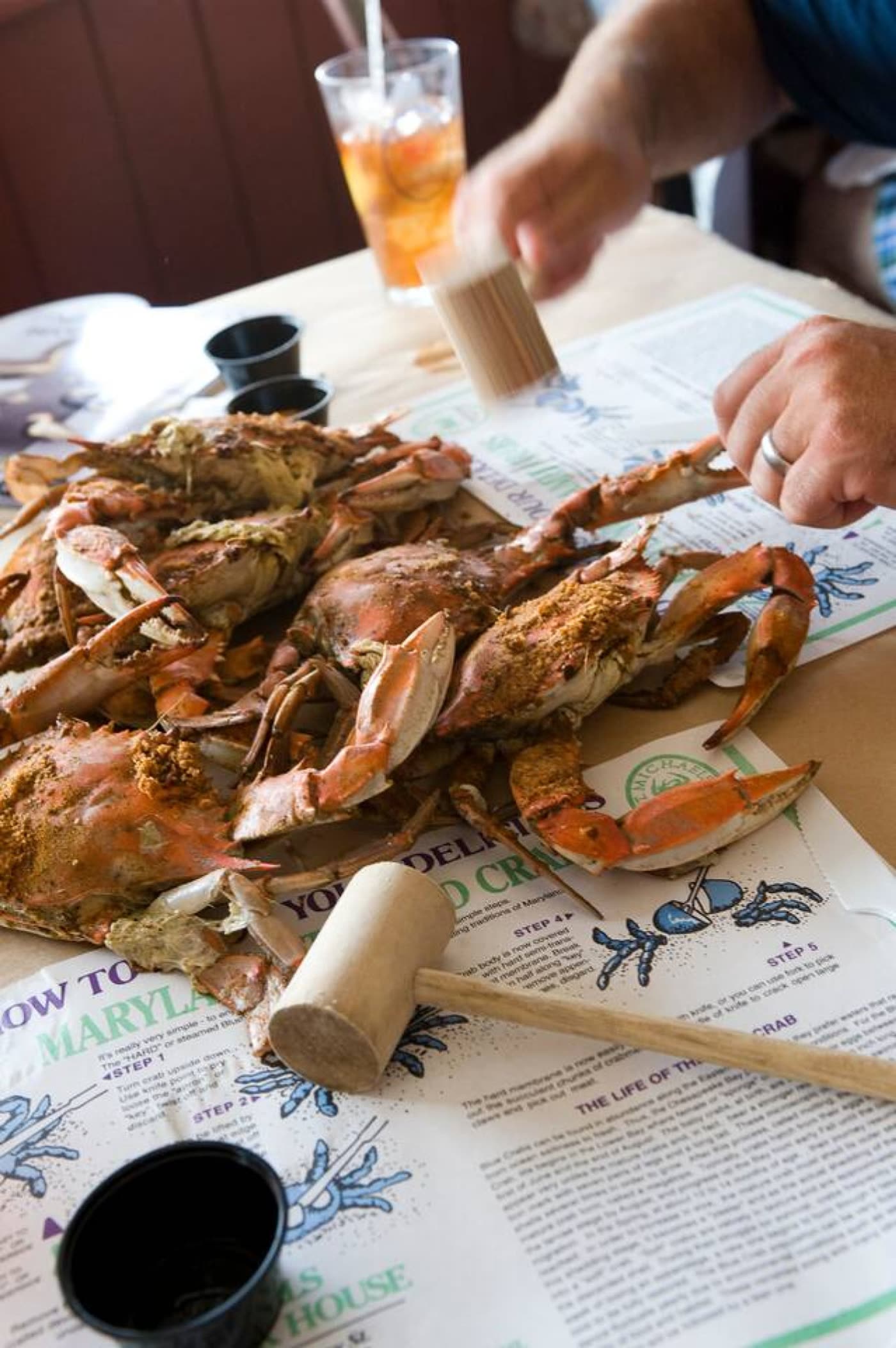 Steamed Maryland blue crabs with wooden mallets at a crab house