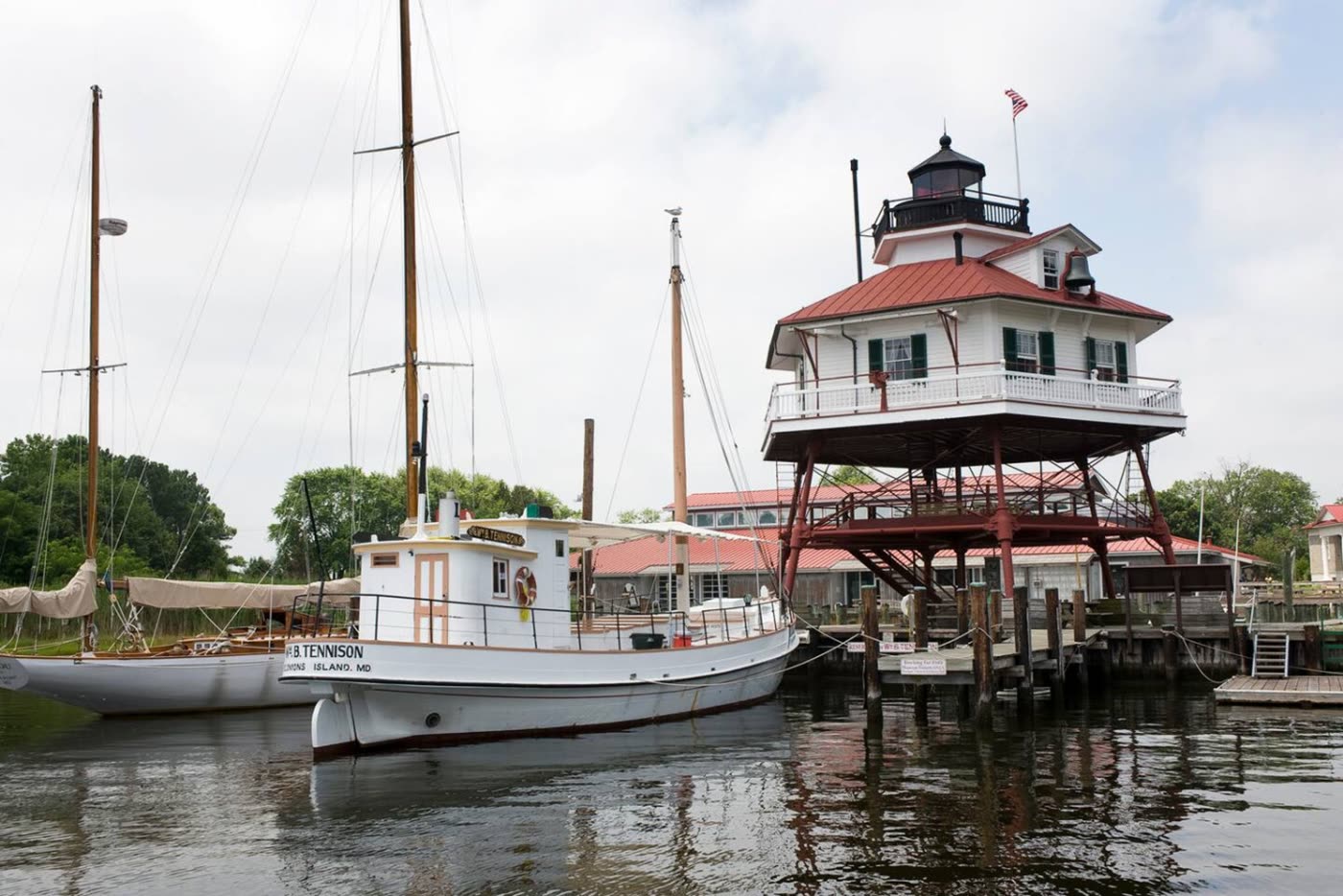 Drum Point Lighthouse and the buyboat Wm. B. Tennison at the Calvert Marine Museum in Solomons, Maryland