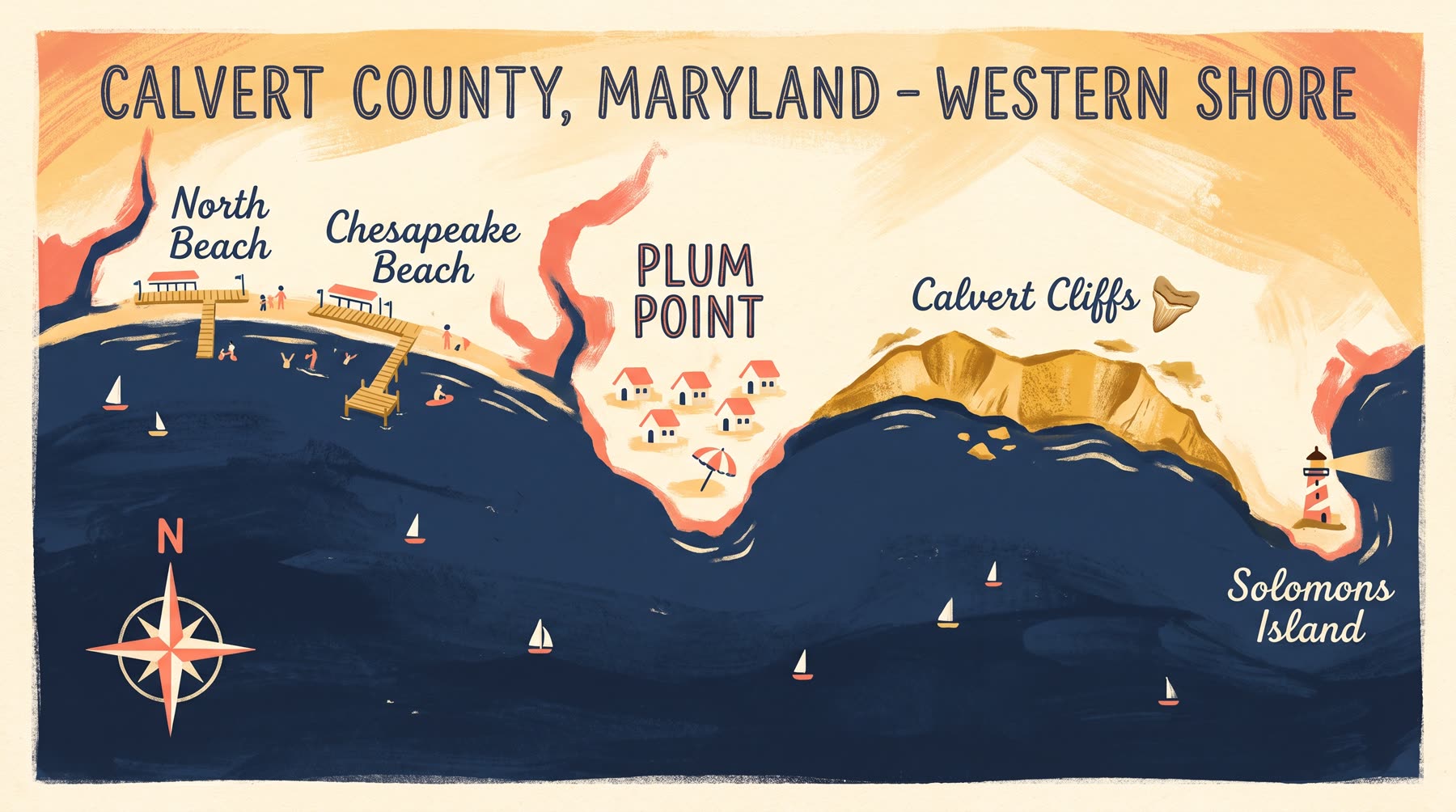 Illustrated pictorial map of the western shore of the Chesapeake Bay in Calvert County, Maryland, showing North Beach, Chesapeake Beach, Plum Point, Calvert Cliffs, and Solomons Island