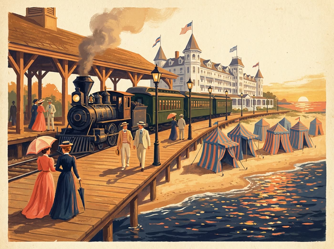 Illustration of Chesapeake Beach, Maryland around 1900: a steam train arriving at the boardwalk resort with bathing tents on the sand
