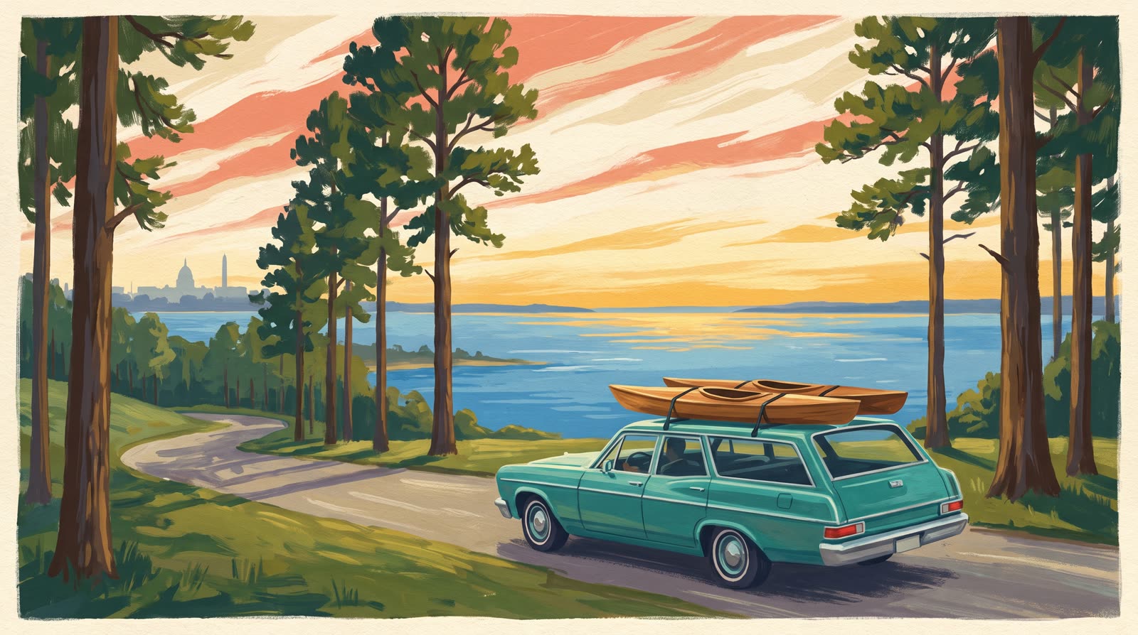 Illustration of a station wagon with kayaks driving from Washington DC toward the Chesapeake Bay