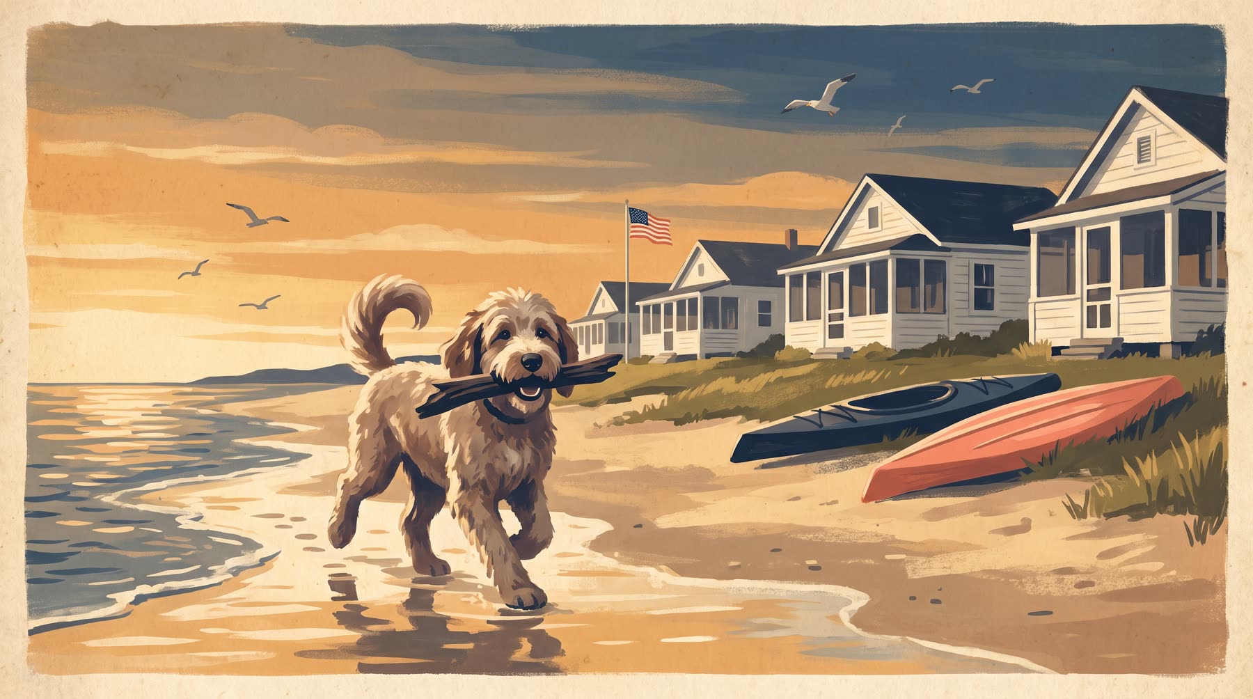 Illustration of a happy dog trotting along the Chesapeake Bay beach at Plum Point, Maryland, with white cottages and kayaks behind