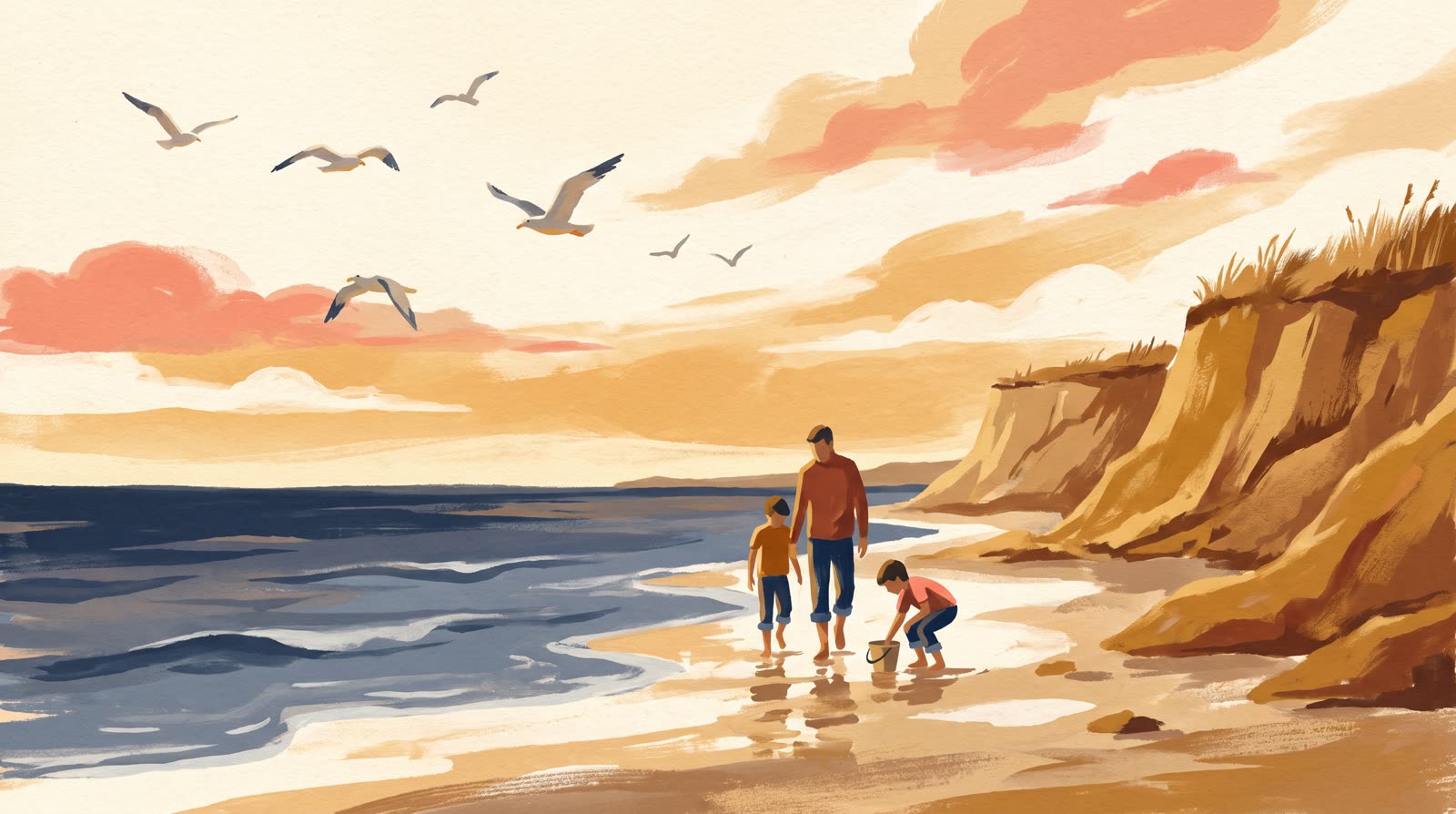 Illustration of a family hunting for fossil shark teeth along the tide line below the Calvert Cliffs on the Chesapeake Bay