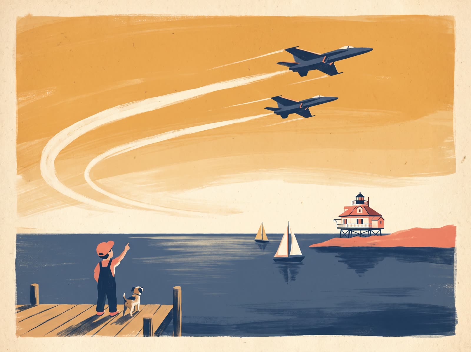 Illustration of a child on a dock pointing up at two Navy jets with long contrails over the Patuxent River at Solomons, Maryland