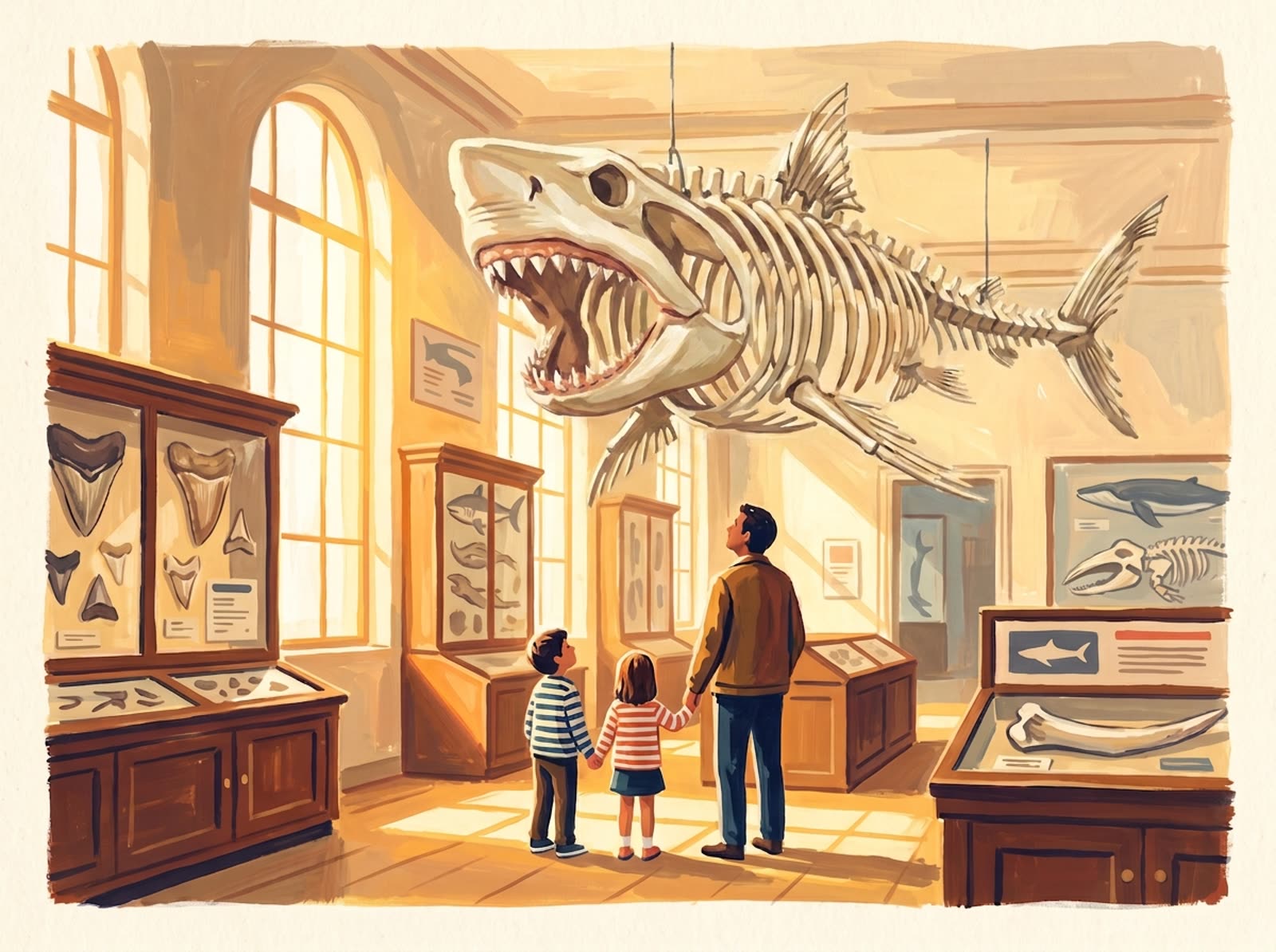Illustration of a family looking up at the 35-foot megalodon skeletal reconstruction in the Calvert Marine Museum fossil hall