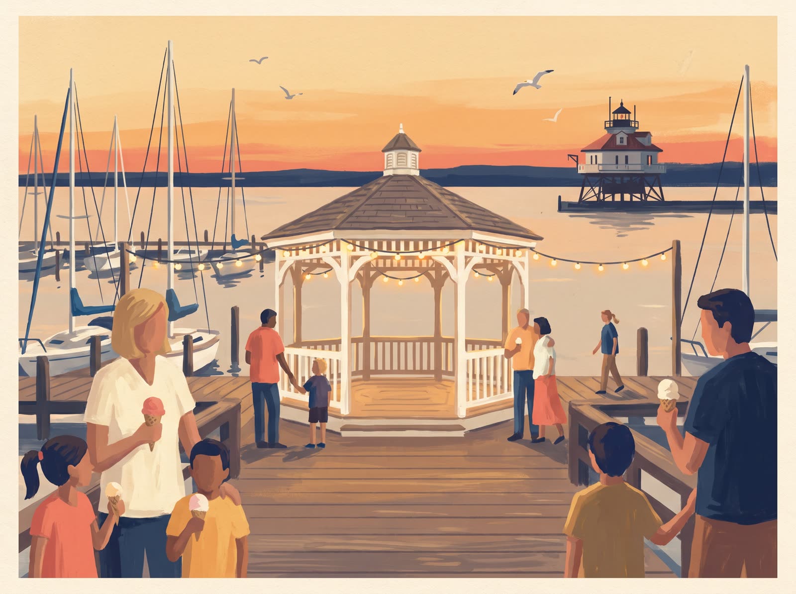 Illustration of families with ice cream at the Solomons Riverwalk gazebo at dusk, with sailboats and Drum Point Lighthouse behind
