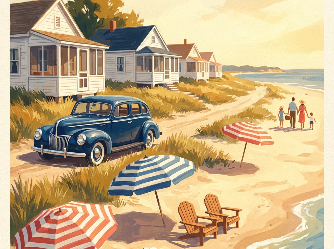 Illustration of the 1940s Plum Point summer cottage colony above the beach with a vintage sedan and striped umbrellas