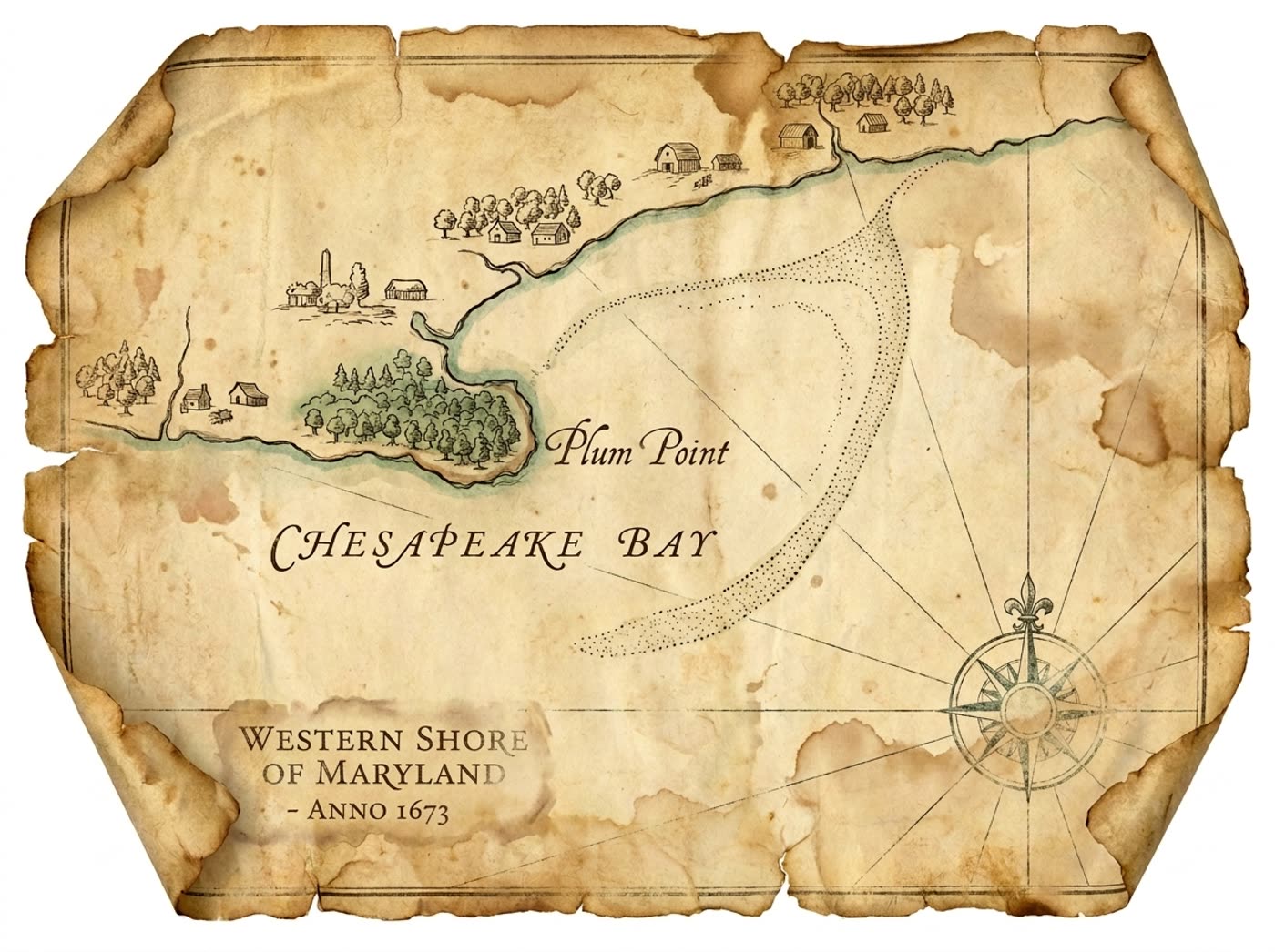 Illustrated antique chart of the western shore of the Chesapeake Bay showing Plum Point and its sand bar, in the style of the 1673 Herrman map