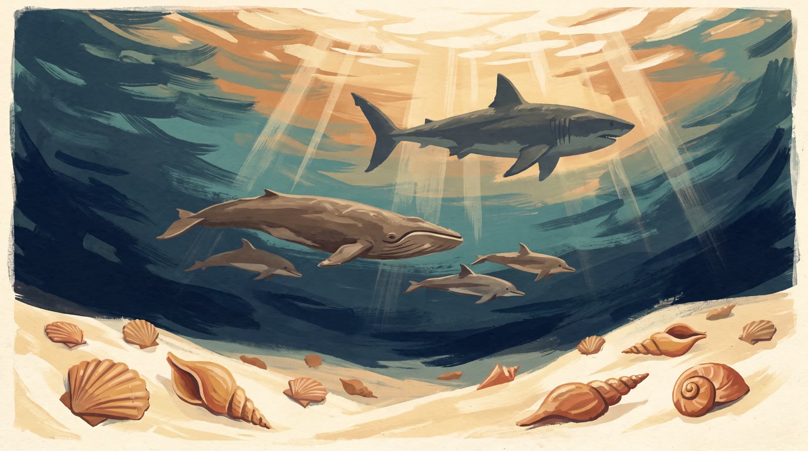 Illustration of the Miocene sea with a megalodon shark, whale, and dolphins
