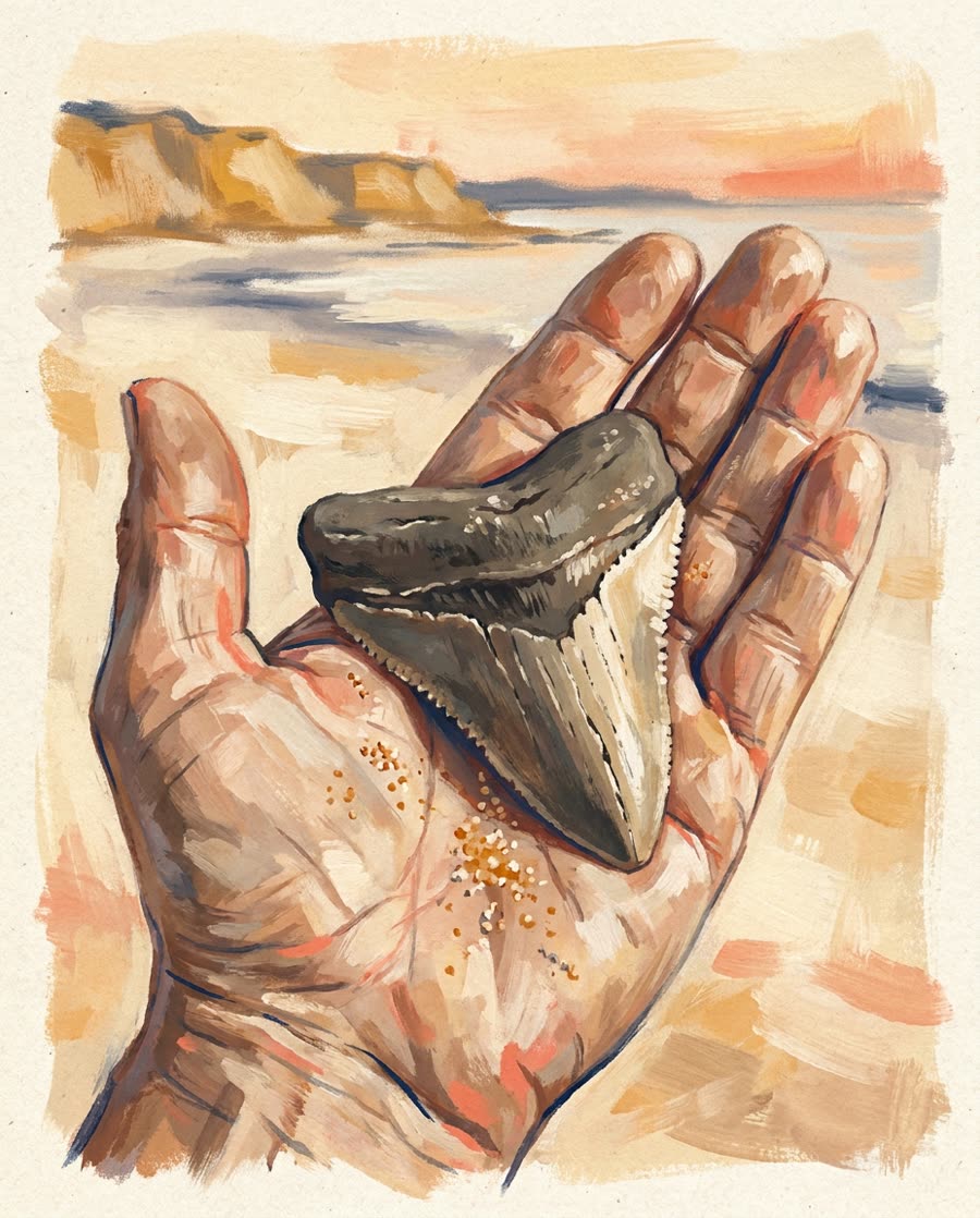 Illustration of a hand holding a fossilized megalodon shark tooth on a Chesapeake Bay beach