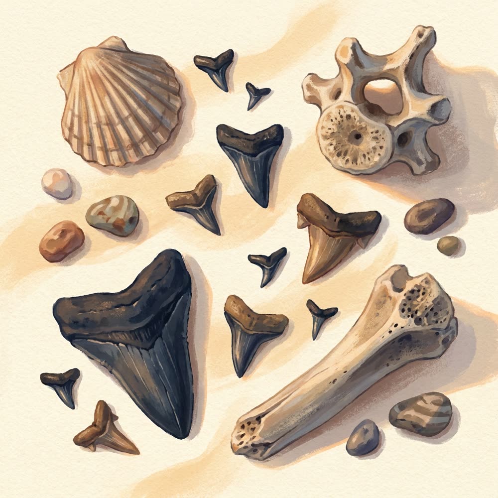 Illustration of fossil shark teeth, a whale vertebra, and shells found on the beach at Plum Point